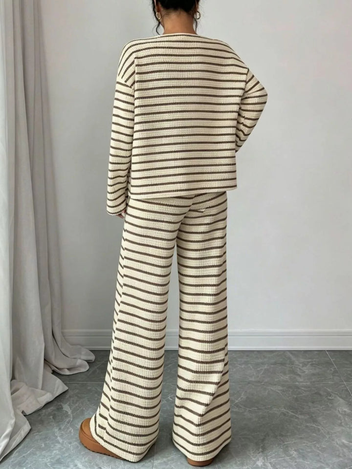 Striped waffle knit top and wide leg pants in apricot, back view