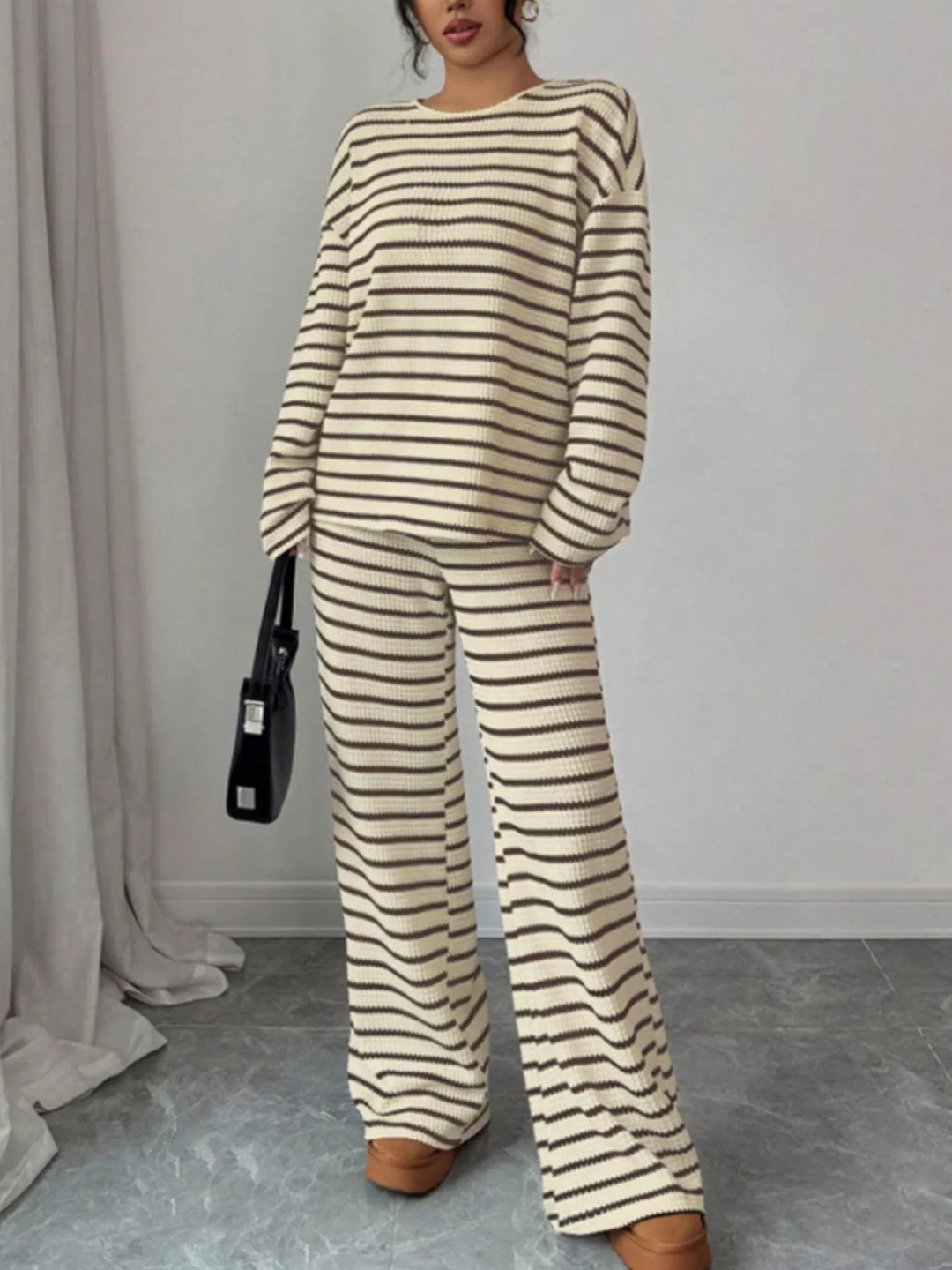 Striped waffle knit top and wide leg pants in apricot, front view