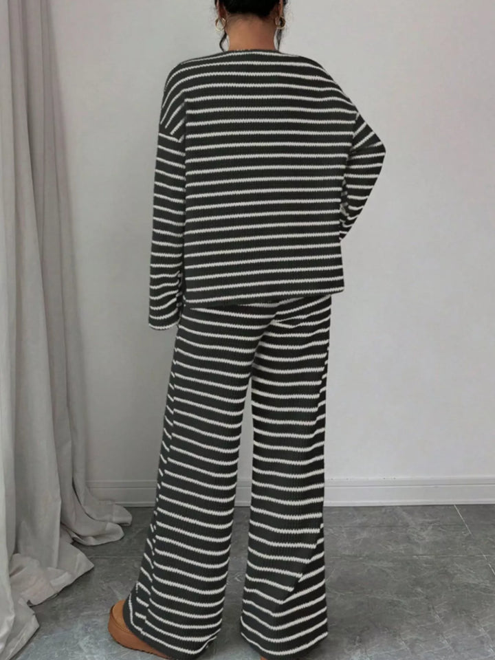 Striped waffle knit top and wide leg pants in black, back view