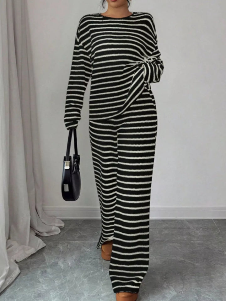 Striped waffle knit top and wide leg pants in black, front view