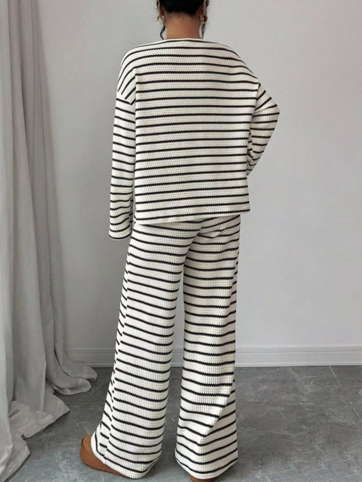 Striped waffle knit top and wide leg pants in white, back view