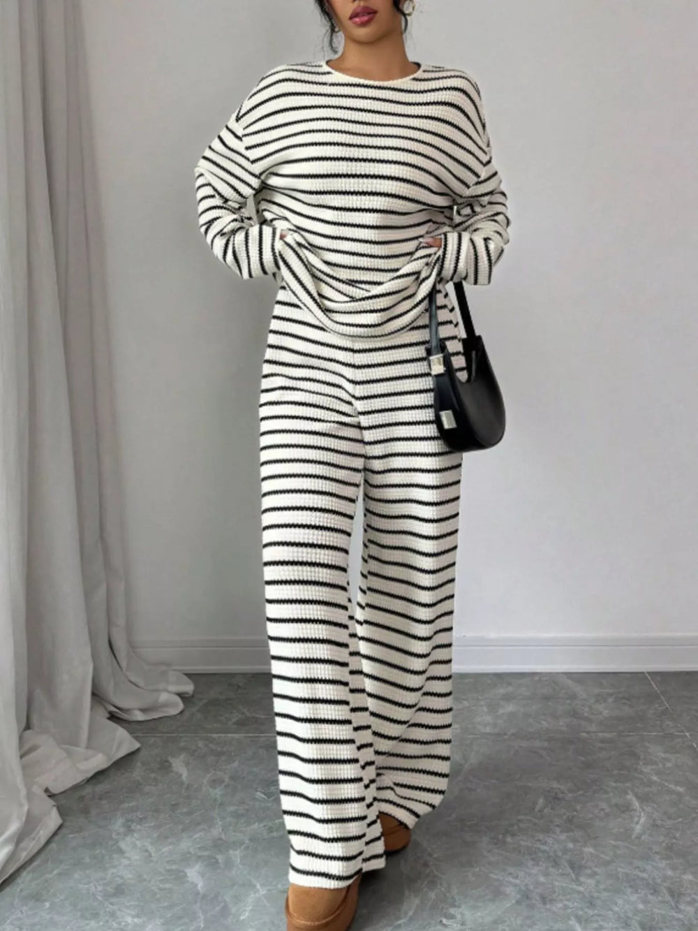 Striped waffle knit top and wide leg pants in white, front view 2