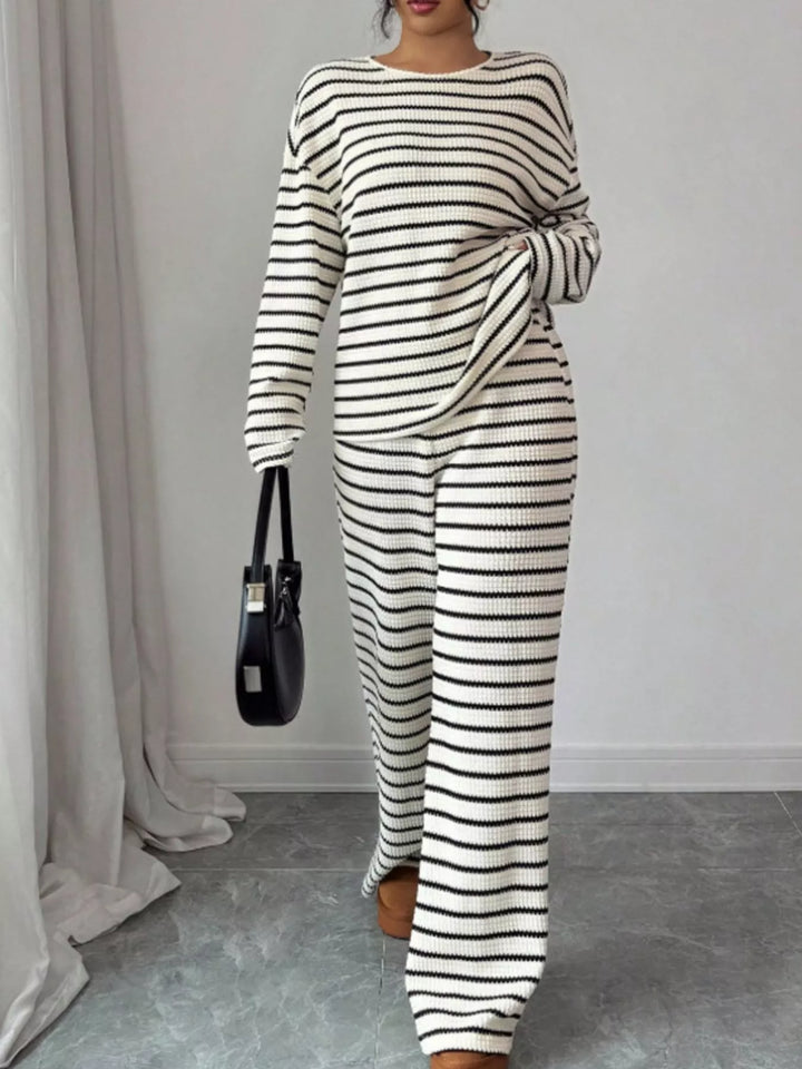 Striped waffle knit top and wide leg pants in white, front view 4