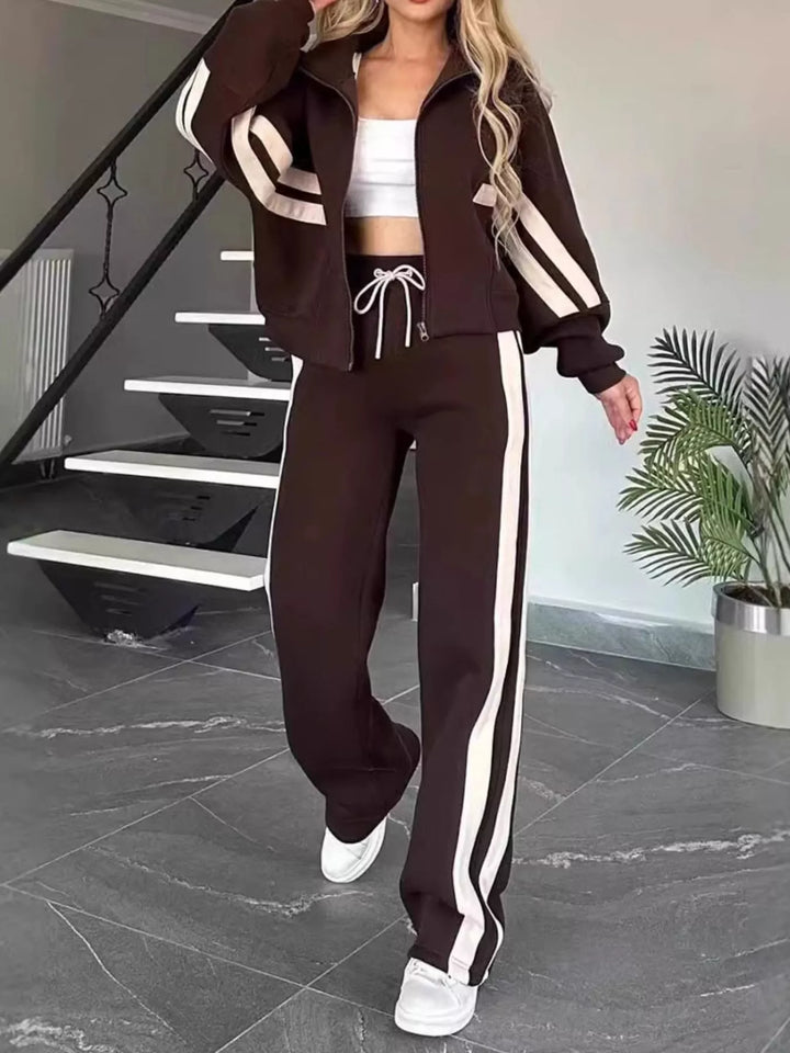 Chocolate brown tracksuit set, zip up jacket and pants with cream stripes, walking