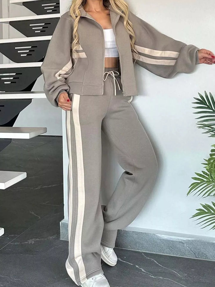 Taupe matching tracksuit set with zip up jacket and striped wide leg pants