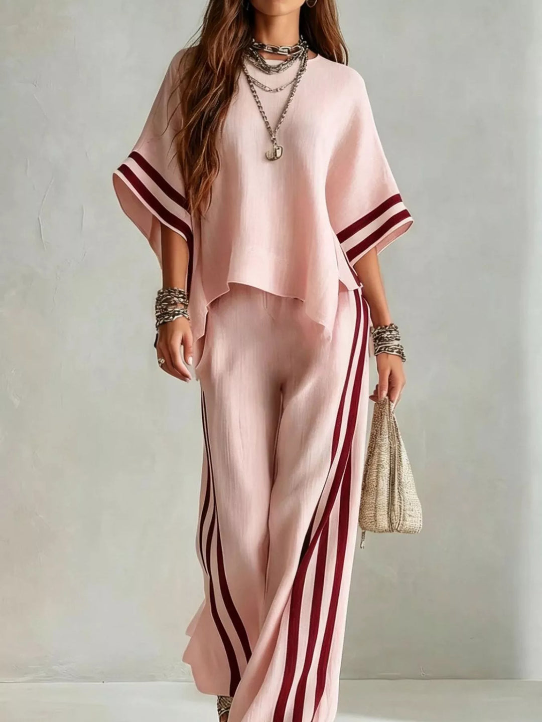 Blush pink matching set with striped sleeves and wide leg striped pants