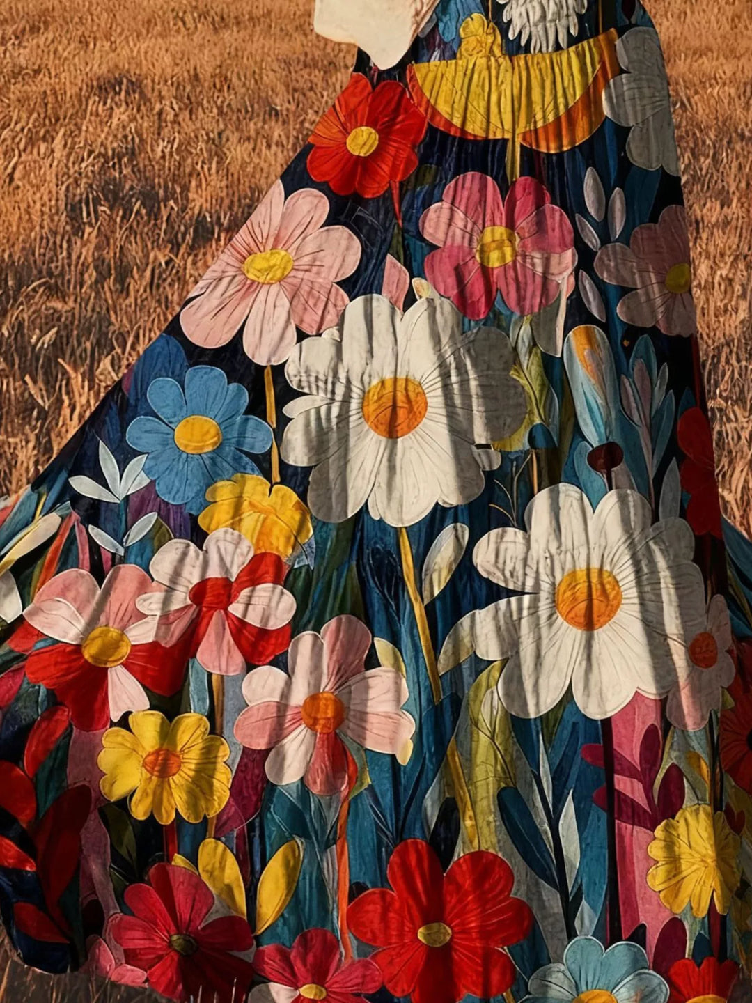 Close-up of the bold floral print on the tiered smocked waist maxi skirt