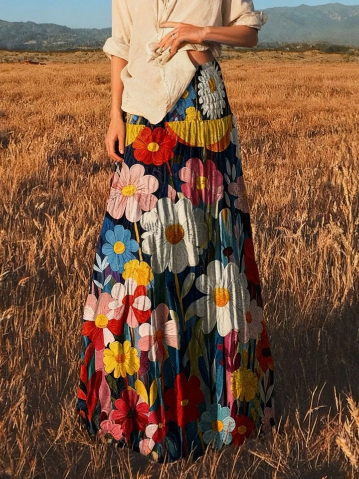Women's floral print maxi skirt with tiered smocked waist, front view in a field