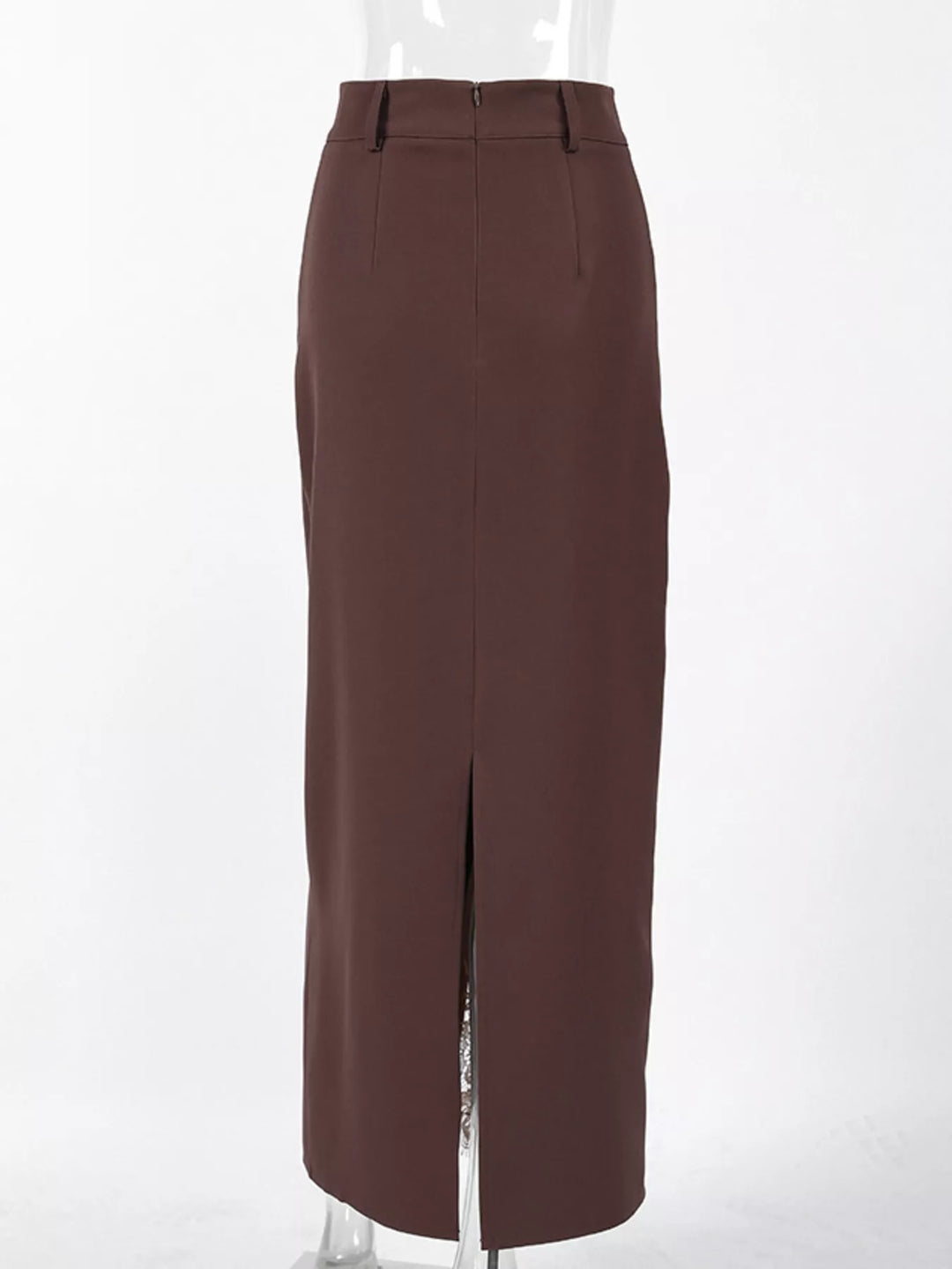 Back view of the chocolate brown maxi skirt with a plain panel