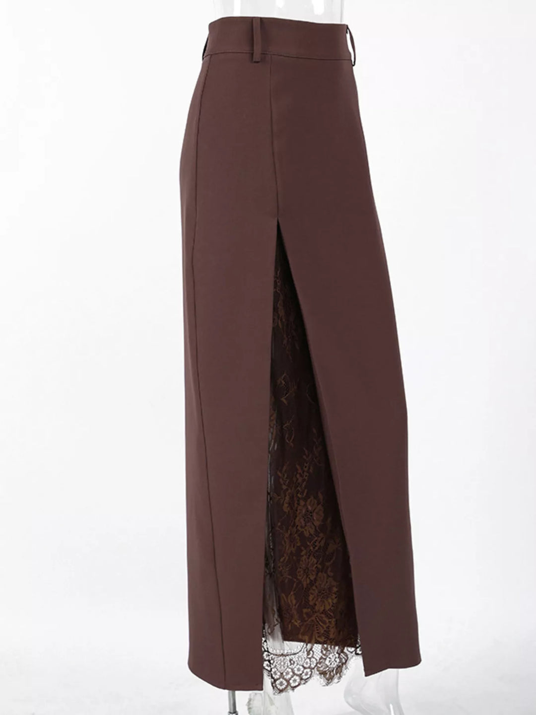 Front view of the chocolate brown maxi skirt with its deep lace slit