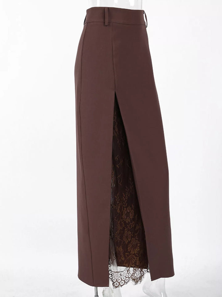Front view of the chocolate brown maxi skirt with its deep lace slit