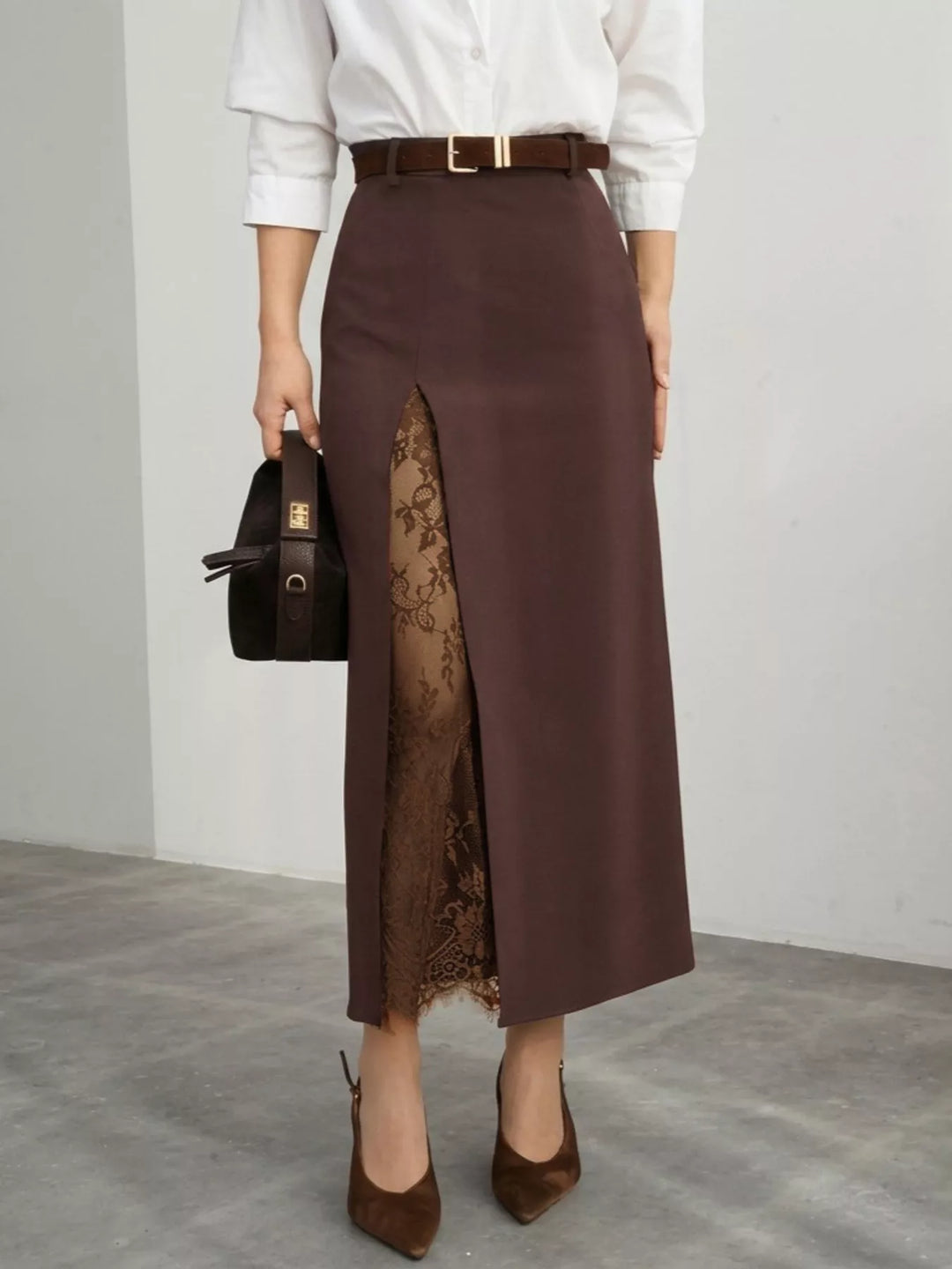 Women's maxi skirt in chocolate brown with a high waist and lace trim front slit