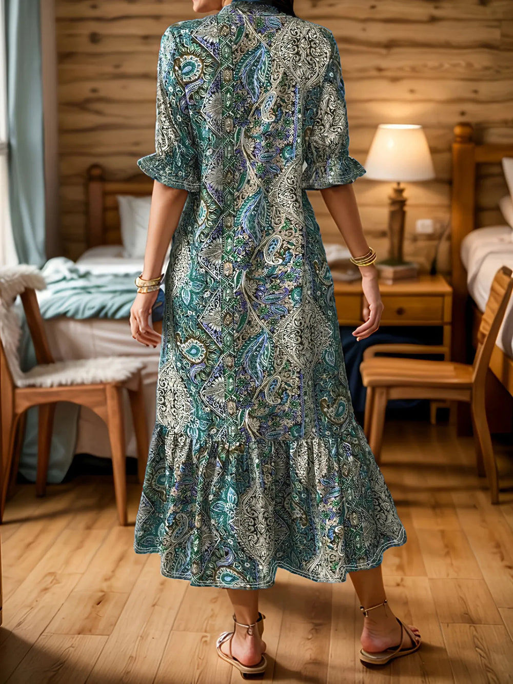Paisley print ruffle hem tiered skirt plus size in teal, back view