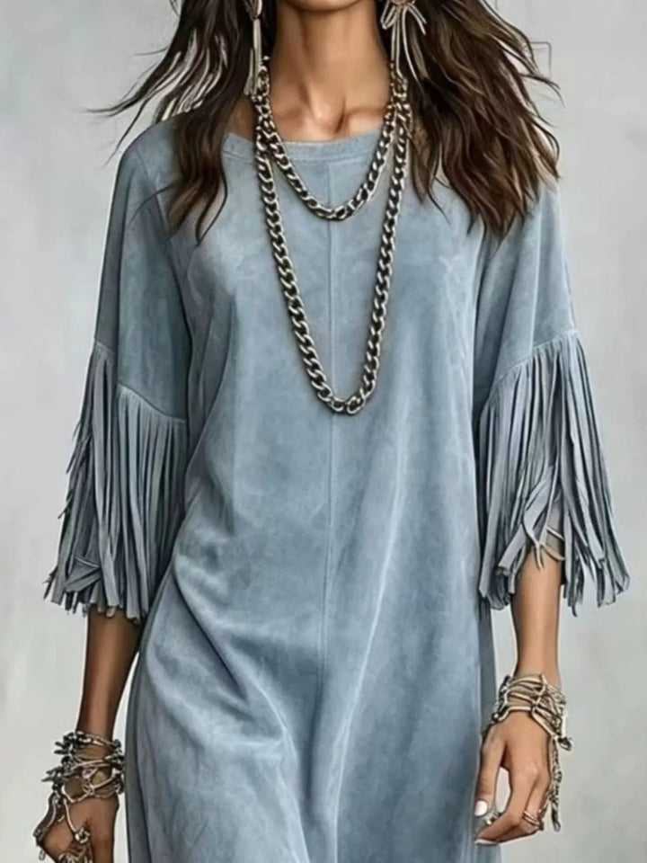 Suede-look fringe sleeve round neck in blue, close-up detail