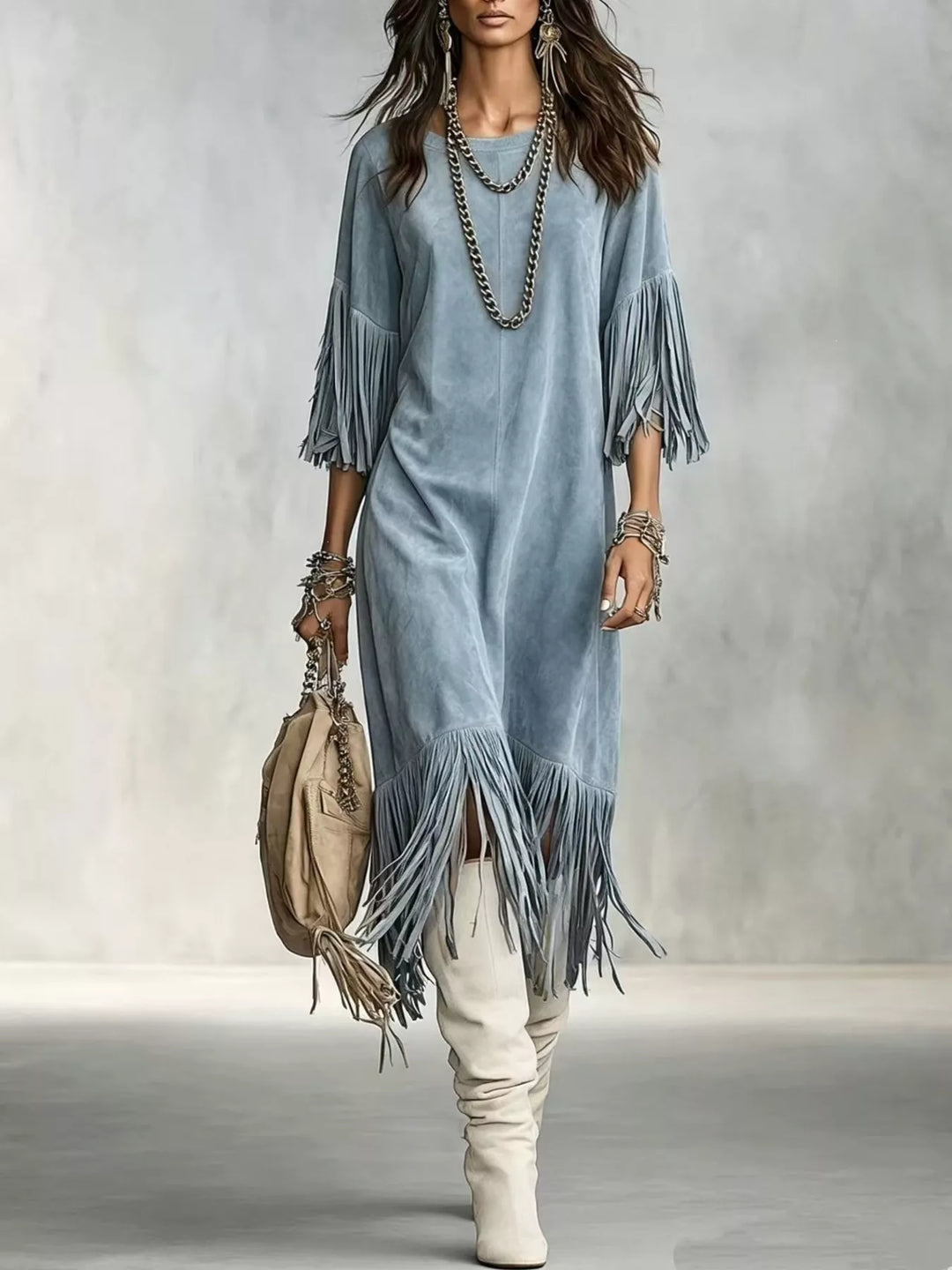 Suede-look fringe sleeve round neck in blue, front view
