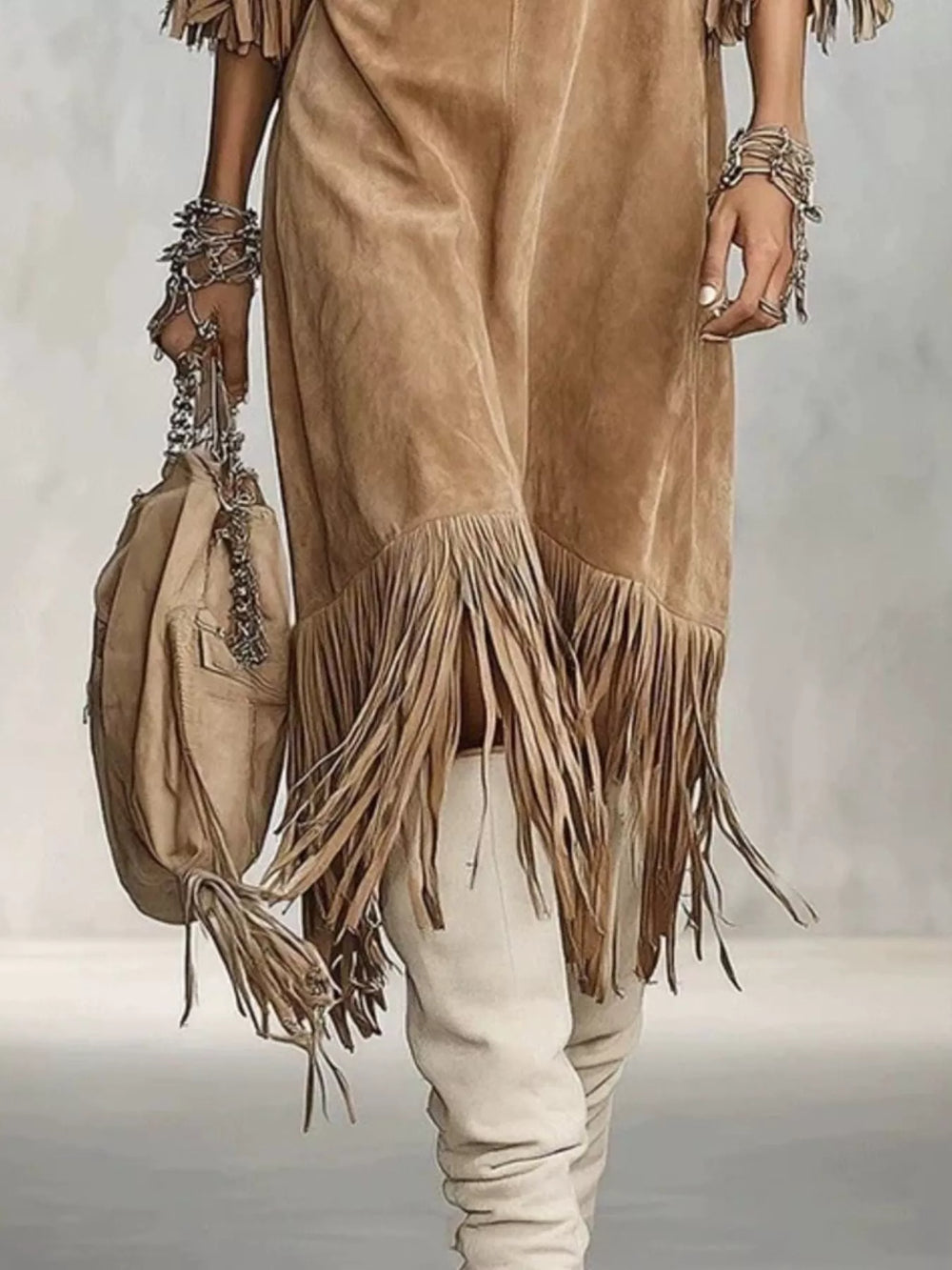 Suede-look fringe sleeve round neck in khaki, close-up detail