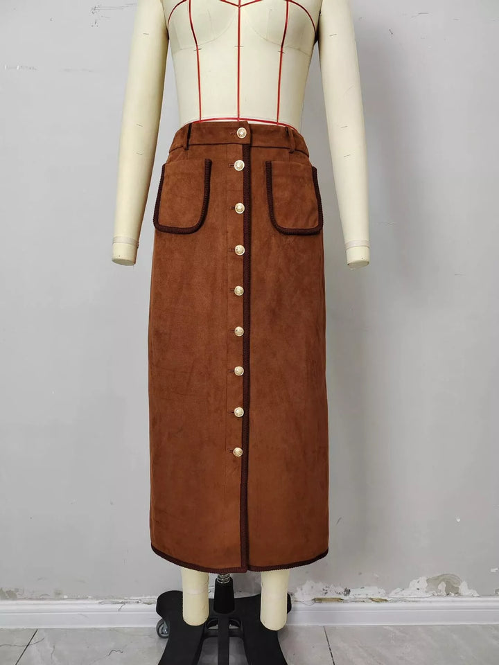 Rust button front midi skirt displayed on a mannequin, front view
