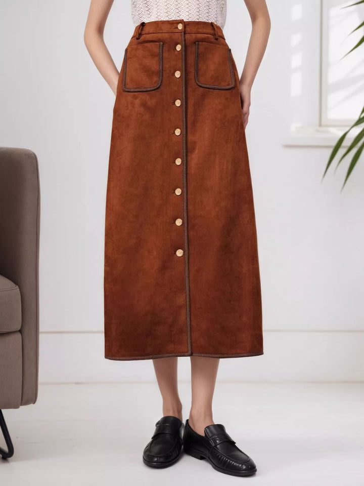 Women's rust midi skirt with high waist and A line cut, front button closure