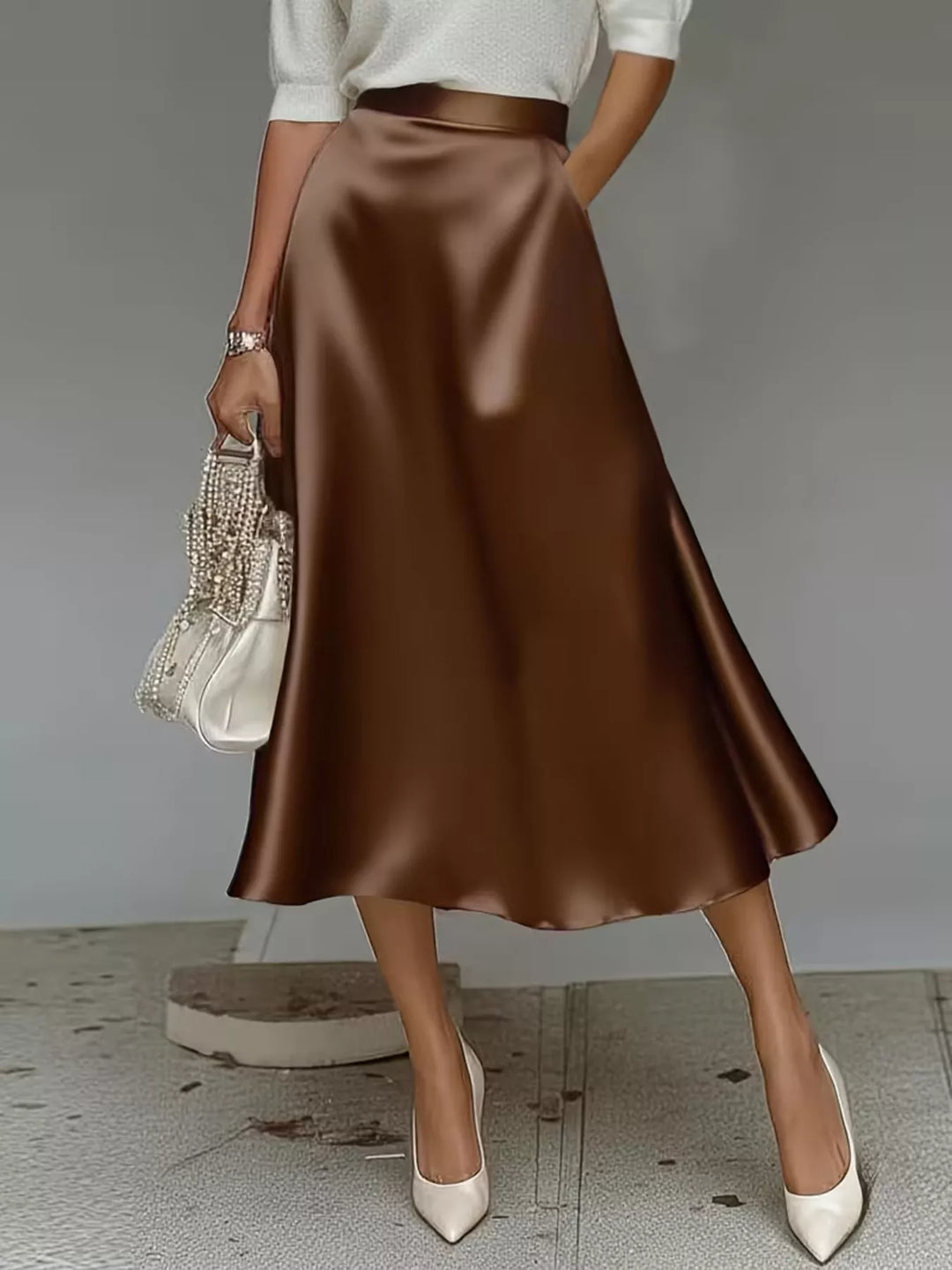 Chocolate brown satin look midi skirt, high waisted A line with a woven bag