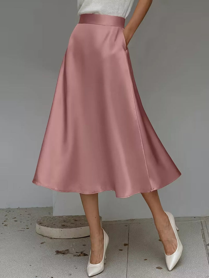Dusty rose high waisted satin look A line midi skirt, front view