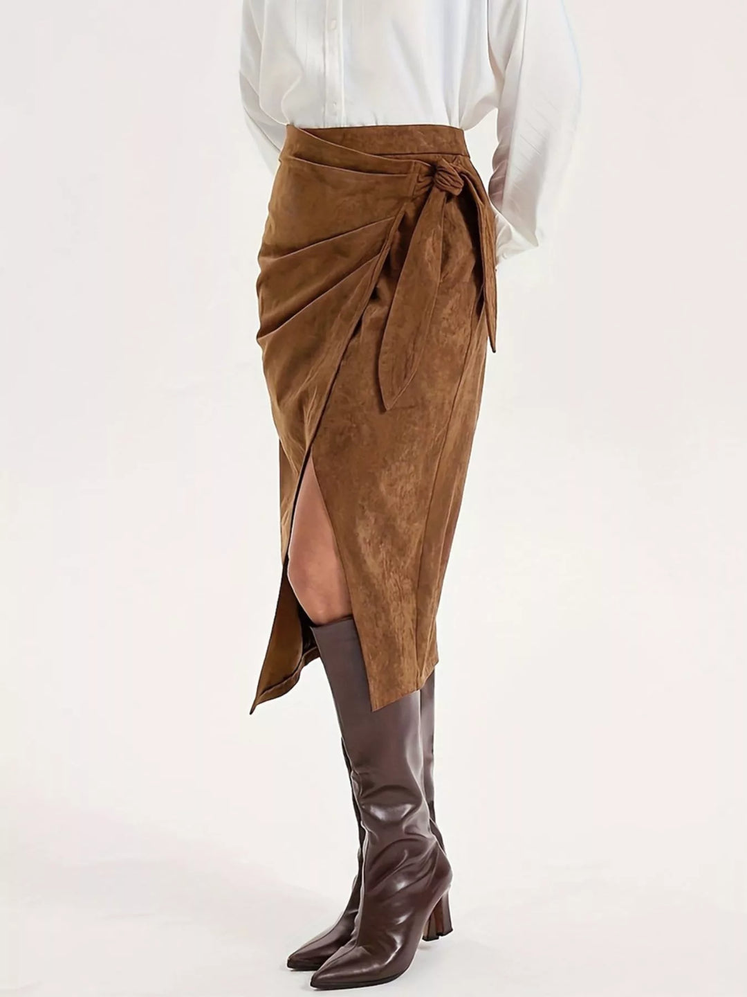 Women's midi skirt in camel brown, suede-look wrap with front slit, styled with tall boots