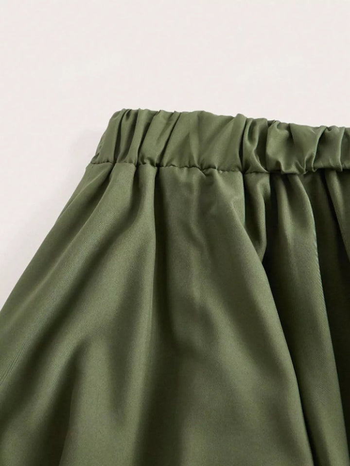 Tiered handkerchief hem lace trim plus size in army green, close-up detail