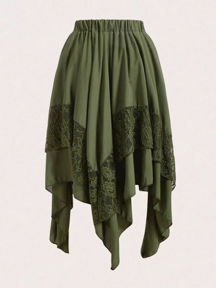 Tiered handkerchief hem lace trim plus size in army green, flat lay