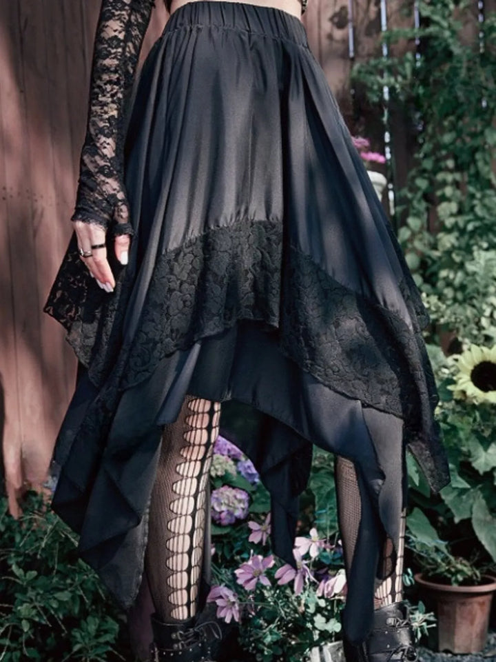 Tiered handkerchief hem lace trim plus size in black, front view