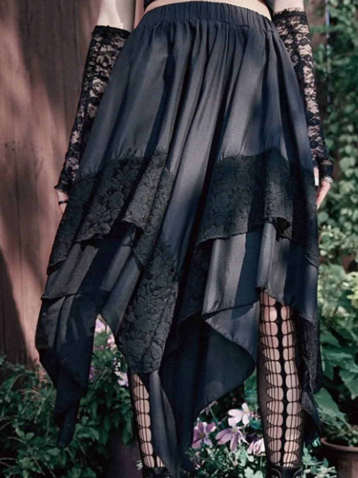 Tiered handkerchief hem lace trim plus size in black, styled on model 2
