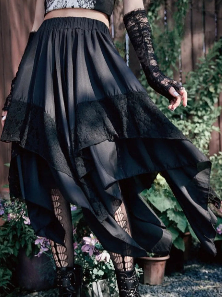 Tiered handkerchief hem lace trim plus size in black, styled on model