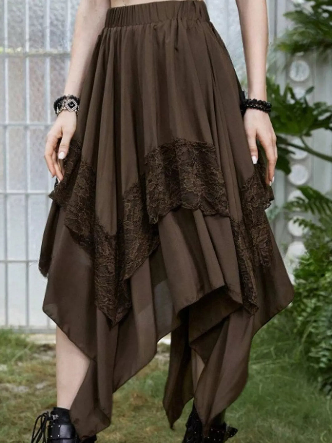 Tiered handkerchief hem lace trim plus size in coffee, front view