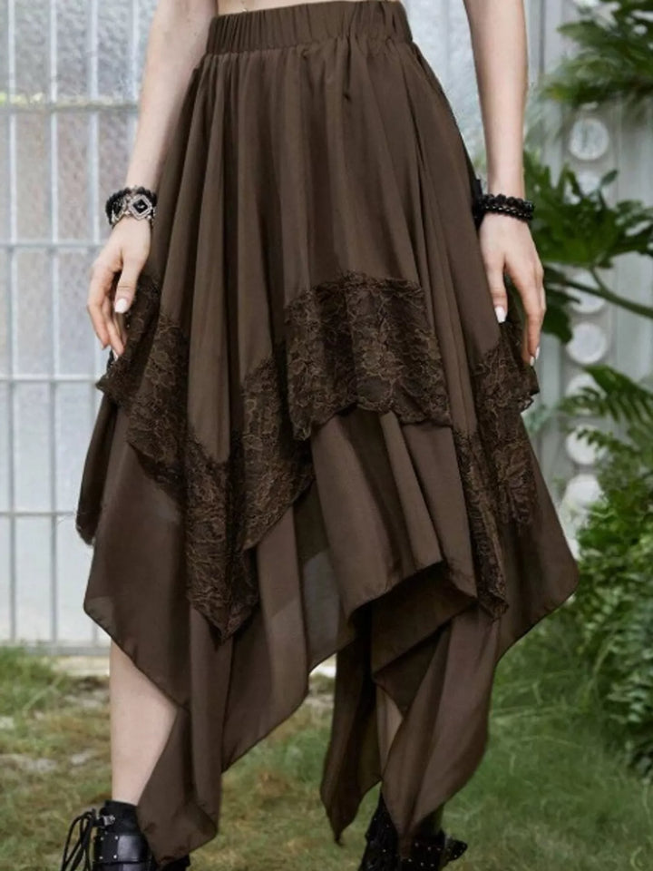 Tiered handkerchief hem lace trim plus size in coffee, front view