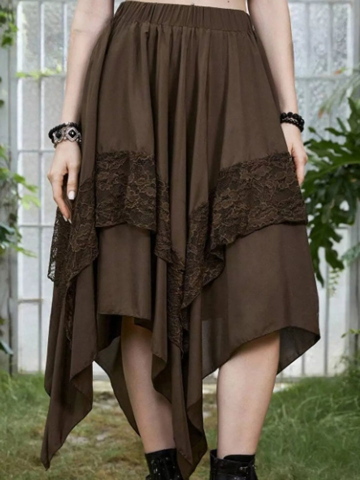 Tiered handkerchief hem lace trim plus size in coffee, styled on model