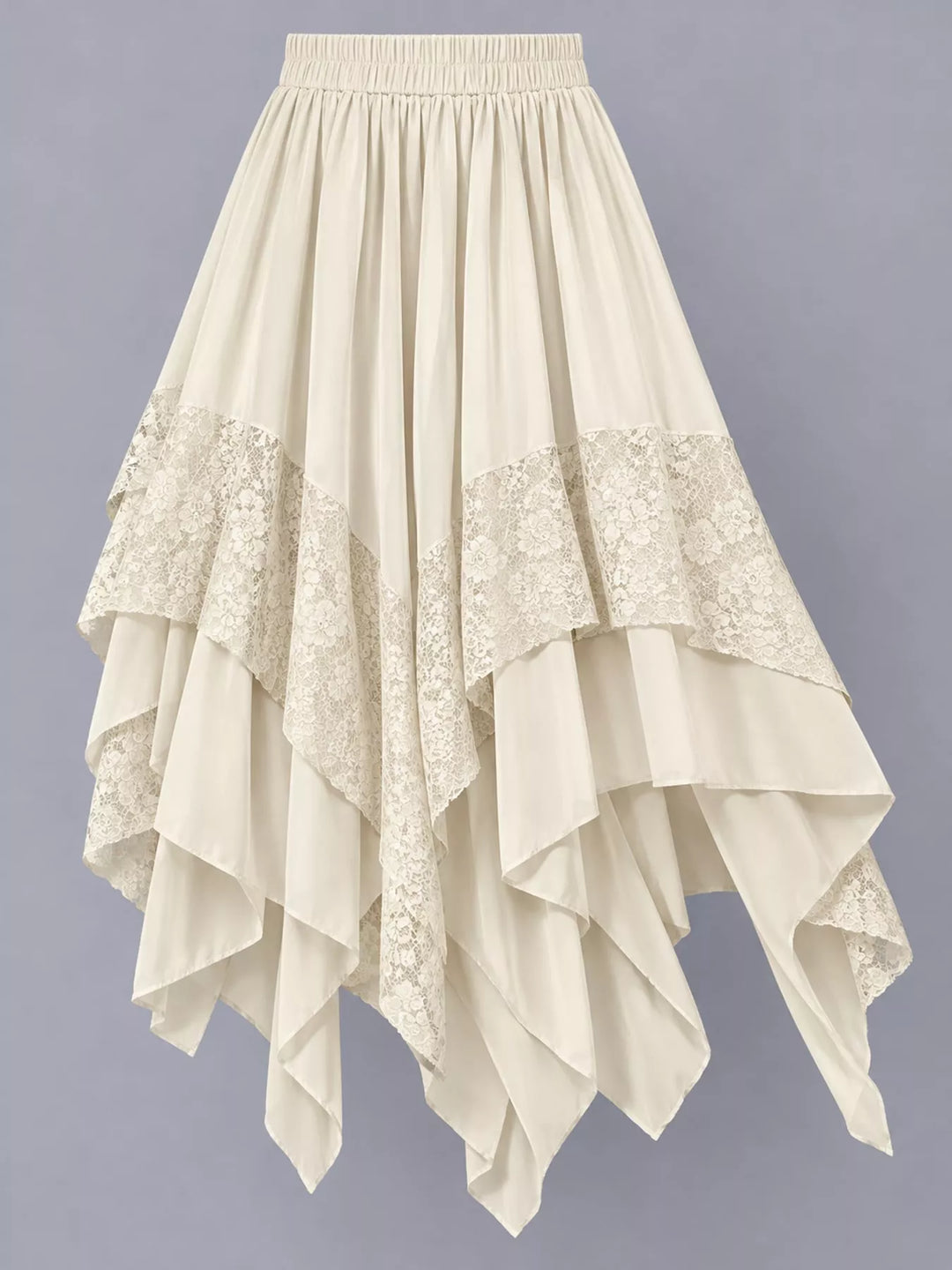 Tiered handkerchief hem lace trim plus size in off-white, flat lay