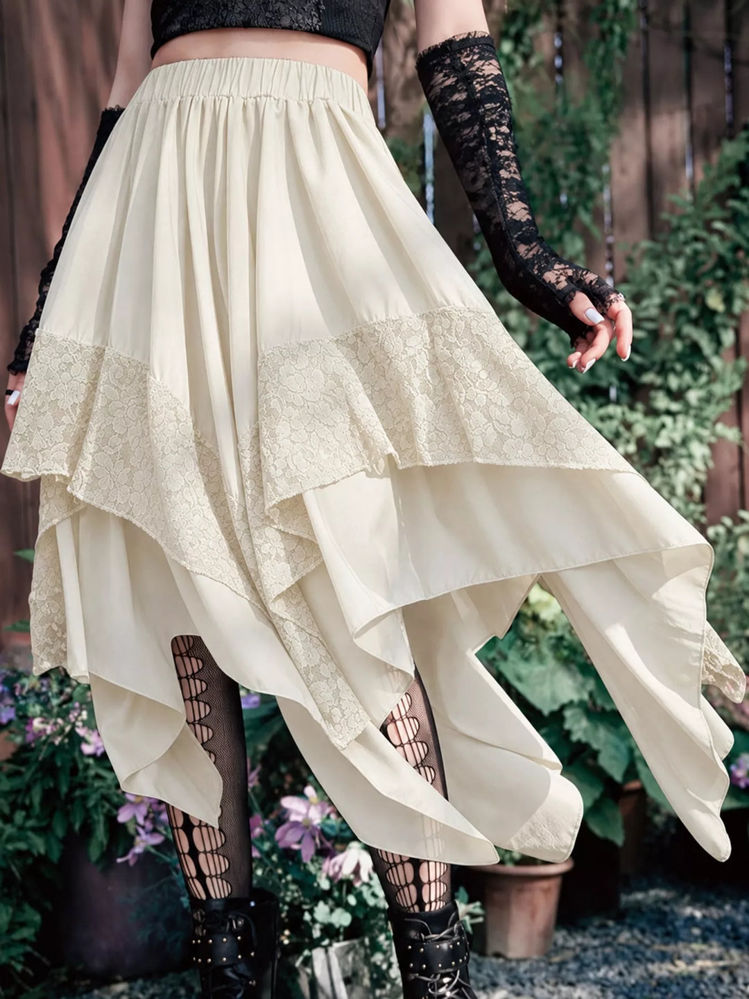 Women's midi skirt in off-white, tiered handkerchief hem lace trim plus size