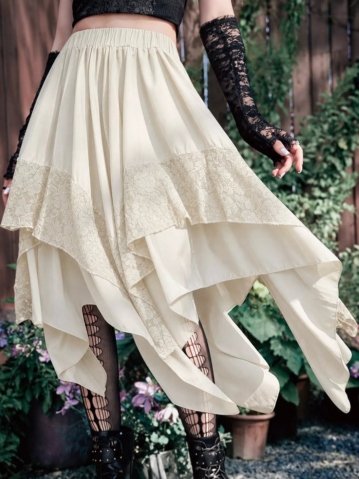 Women's midi skirt in off-white, tiered handkerchief hem lace trim plus size
