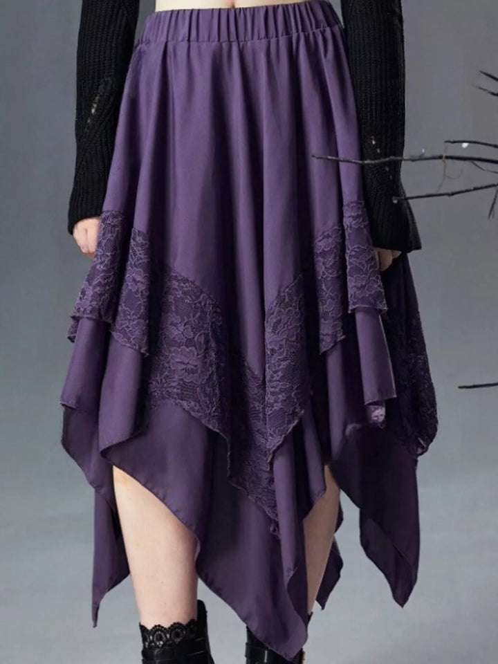 Tiered handkerchief hem lace trim plus size in purple, styled on model