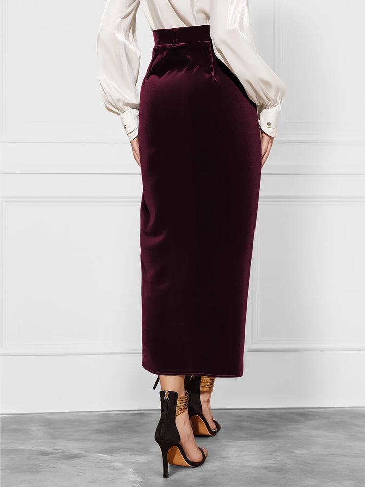 Back view of the burgundy midi skirt with high waist and narrow fit