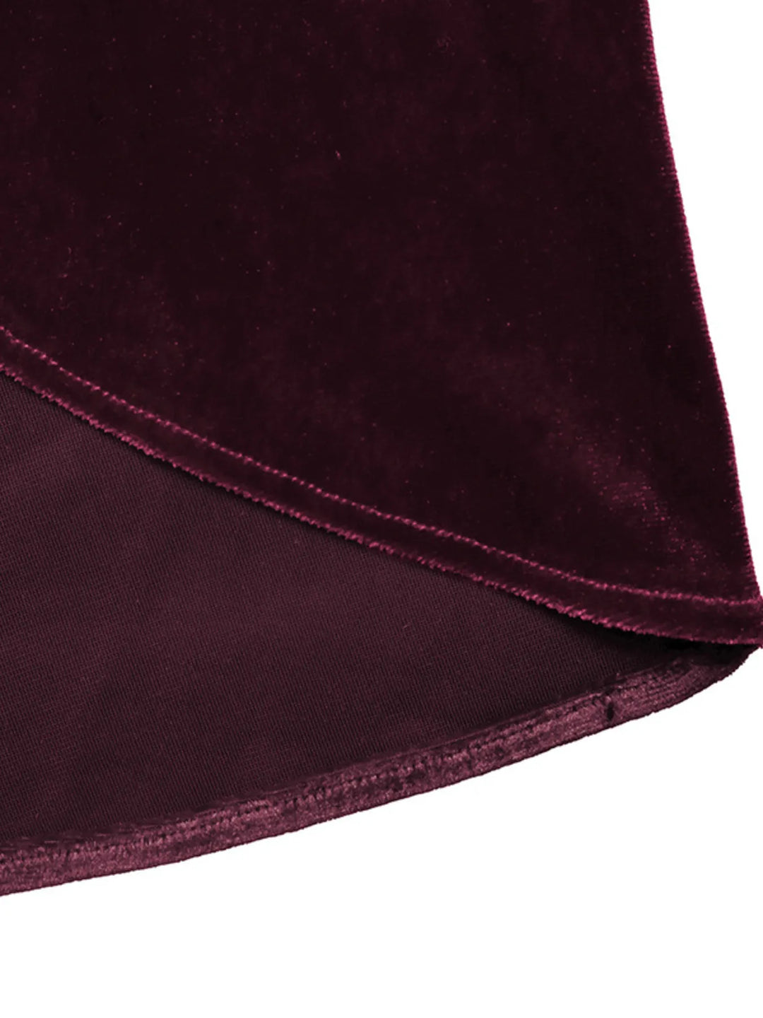 Close-up of the burgundy skirt curved wrap hem and lining