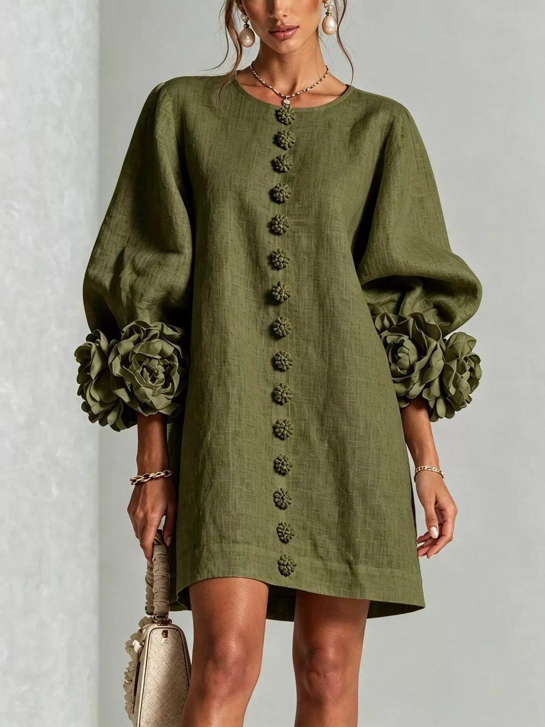 3d floral cuff button front plus size in army green, front view