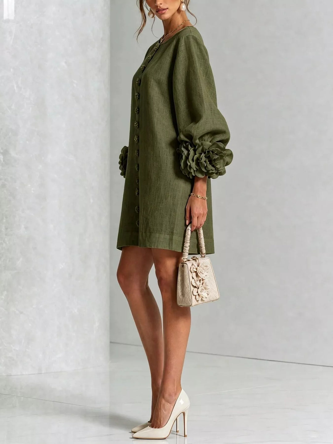 3d floral cuff button front plus size in army green, styled on model