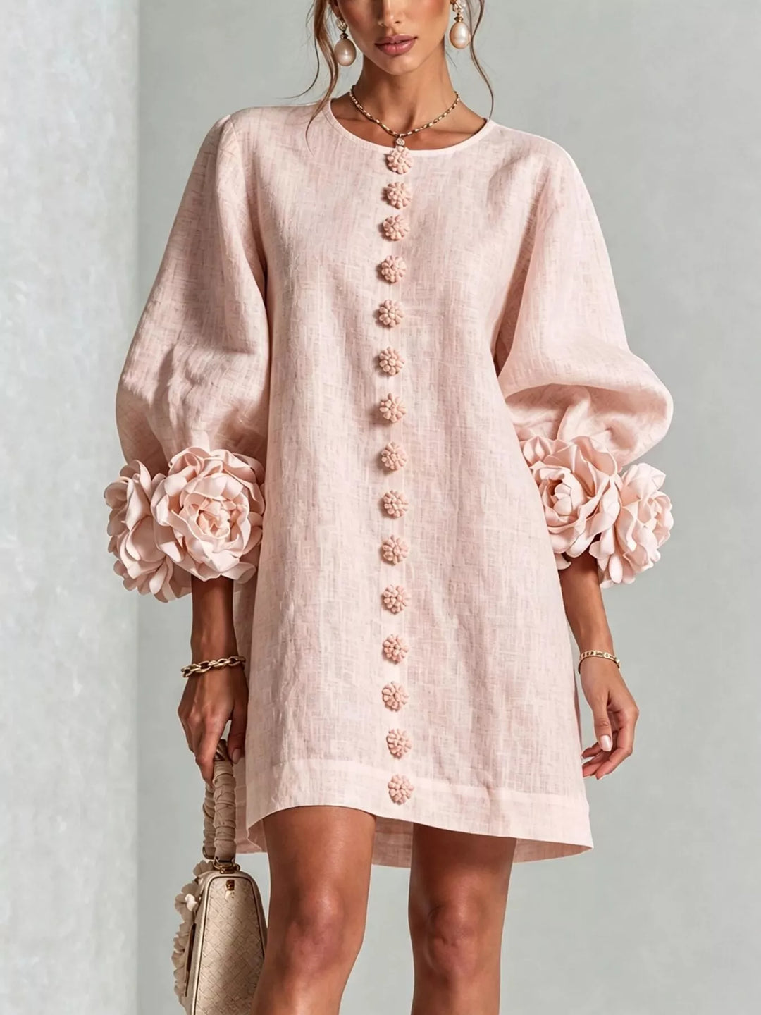 Women's mini dress in blush pink, 3d floral cuff button front plus size