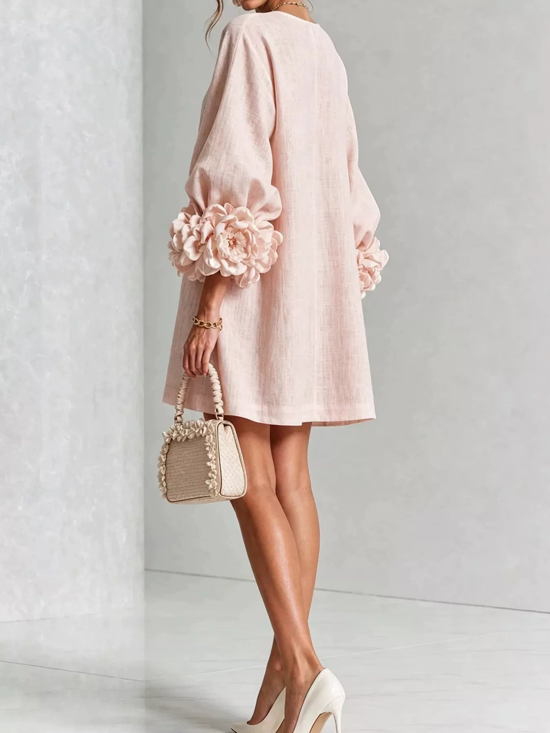3d floral cuff button front plus size in blush pink, styled on model