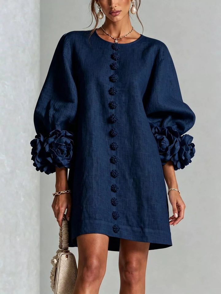 3d floral cuff button front plus size in navy, front view