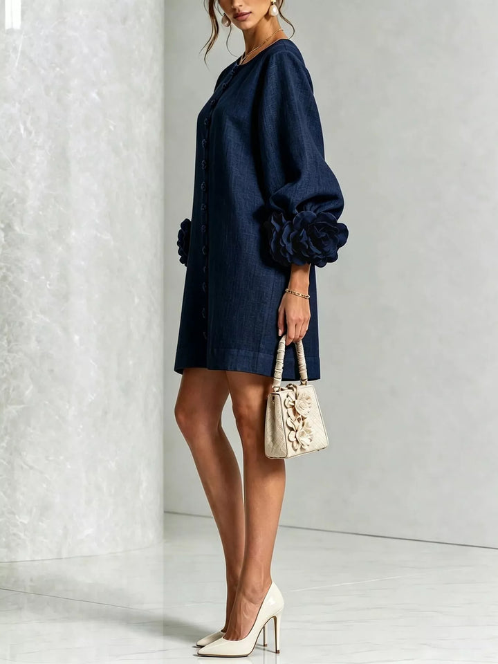 3d floral cuff button front plus size in navy, styled on model 2