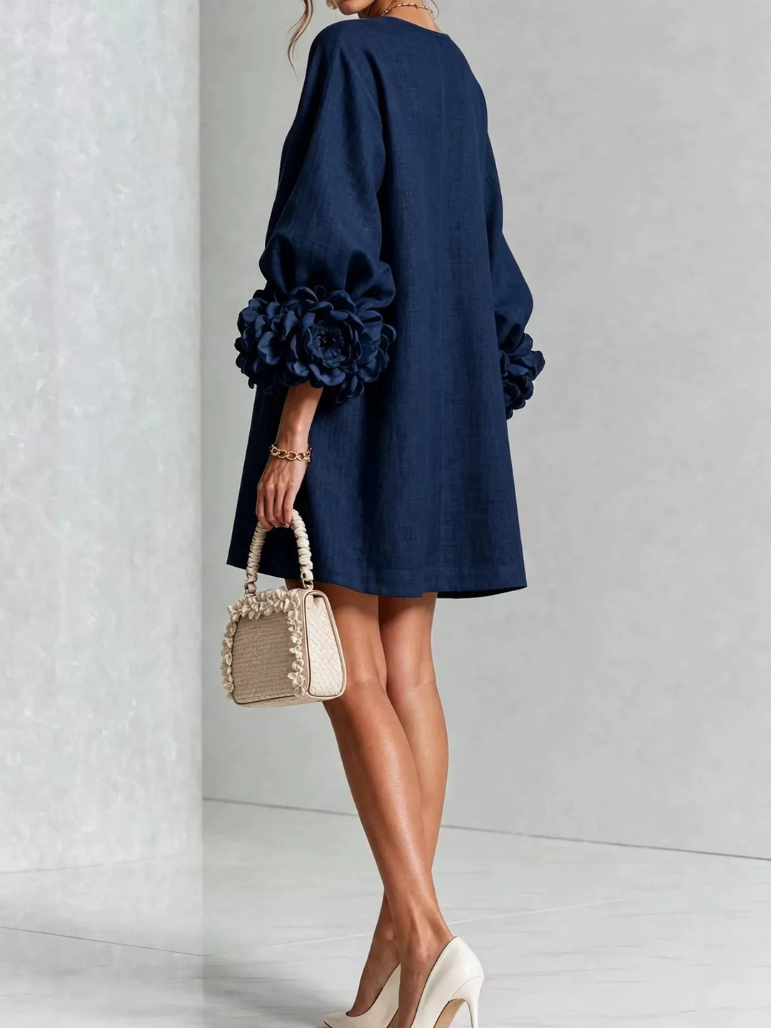 3d floral cuff button front plus size in navy, styled on model
