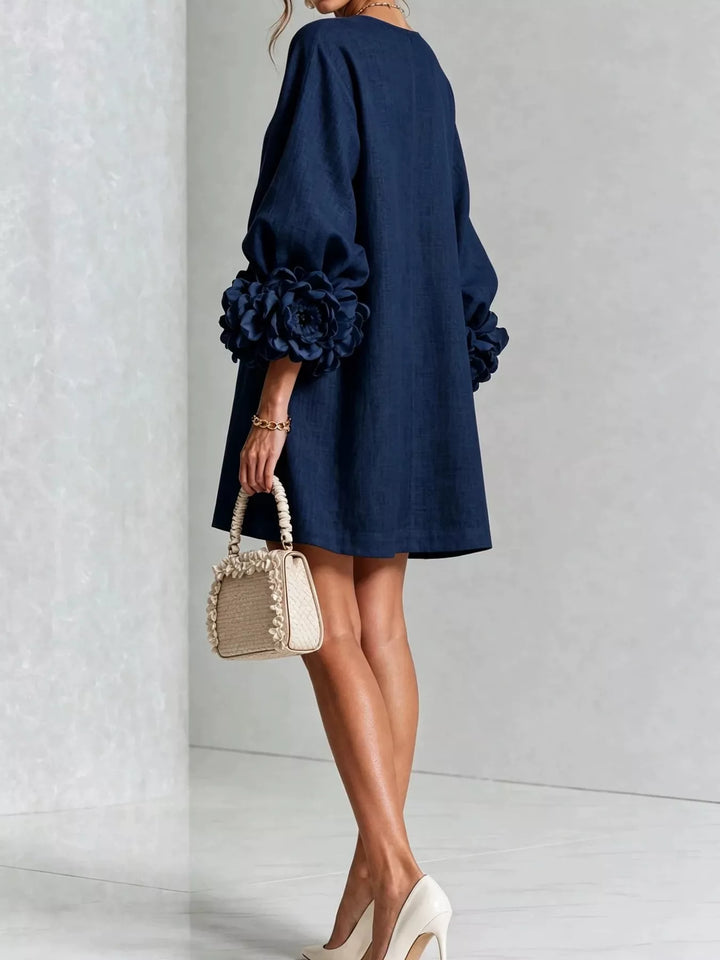 3d floral cuff button front plus size in navy, styled on model
