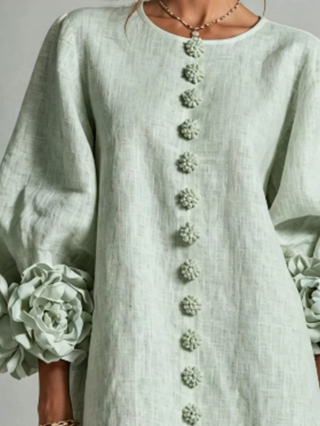 3d floral cuff button front plus size in sage, close-up detail