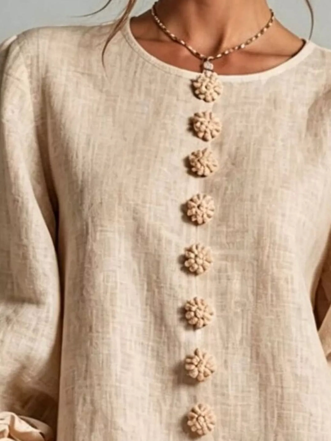 3d floral cuff button front plus size in tan, close-up detail 2
