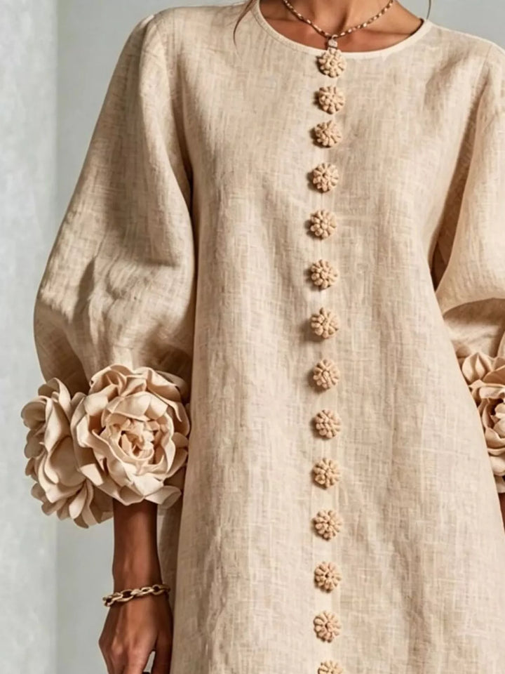 3d floral cuff button front plus size in tan, close-up detail